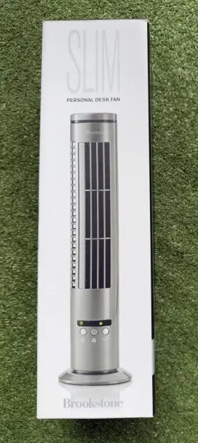 644682 Brookstone Slim Desk Fan Silver Oscillation Ultra-quiet Compact Energy Efficient