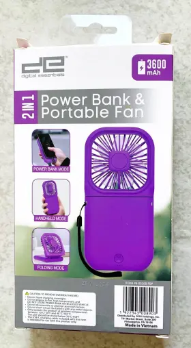 Pb-00208 Digital Essentials 2 In 1 Power Bank And Portable Fan 3600 Mah - Purple