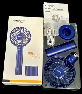 Gf2db Geek Aire 810112570885 Blue Mini Rechargeable Portable Fan Power Bank 5 Speed Open Box Read