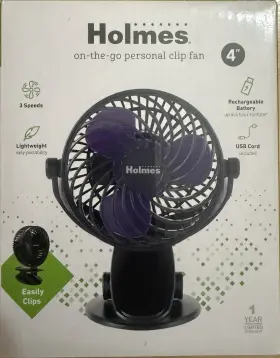 32510031 Holmes 4 Inch On-the-go Personal Fan With Rechargeable Battery 3 Speeds Clip/stand