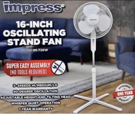 Im-726w Impress 16-inch Oscillating Stand Fan Adjustable Height 3 Speeds Whi