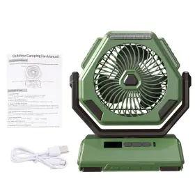 Jahy2tech 883148543994 6000mah 6hrs Rechargeable Auto-oscillating Camping Fan With Led And Hook