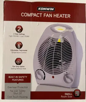 Konwin 814645025188 New Compact Fan Heater 2 Heat Settings Adjustable Thermostat
