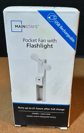 Mainstays 976615730004 Usb Rechargeable Pocket Fan Flashlight And Power Bank White New