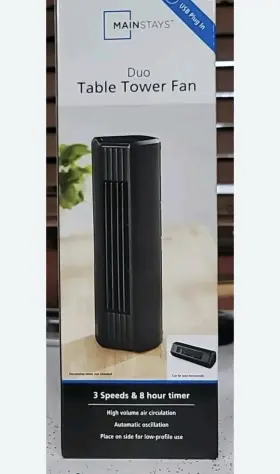 Dc2210-g Mainstays Duo Table Tower Fan Usb Black Oscillating 3 Speed 8hr Timer
