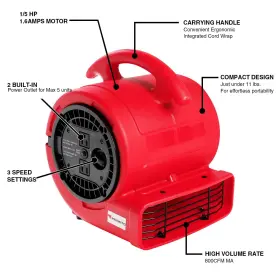 Mounto 766287103741 1/5hp Air Mover 800cfm Blower Fan Carpet Floor Drying - 3-speed Compact A #2