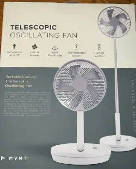 He1037 Mvmt Telescopic Oscillating Fan Rechargeable Extend 33 Inch Tall Remote Control New