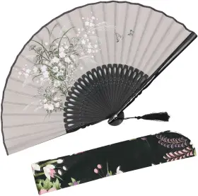 Omytea 313021455460 Inch Grassflowers 8.27 21cm Hand Held Folding Fans - With A Fabric Sleeve