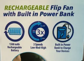 Power 850018026352 Go Flip Fan Usb Rechargeable 10 Hour Run Time Built In Bank Brand New #2