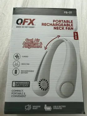 Fb-01 Qrx New Qfx Portable Rechargeable Neck Fan - White 3 Speed Quiet Usb Cable