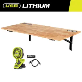 Ryobi 445045199136 Wall Mounted Stow Away Worktable With Usb Lithium Clamp Fan Kit 2.0 Ah