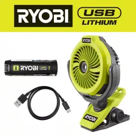 Ryobi 705353344299 Usb Lithium Cordless Misting Clamp Fan Kit With 2ah Battery And Char