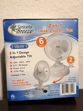 83555 Sarasota Breeze 2-in-1 Desk/clip Fan 6 Inch White Adjustable Tilt 2 Speed Model 835
