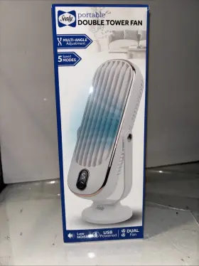 Sealy 805112132362 Portable Double Tower Fan 5 Speed Mode Usb Power Nib Desktop Work Station