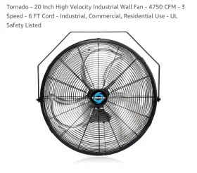 Hi-fan-20hvwm-a-1p Tornado - 20 Inch High Velocity Industrial Wall Fan 4750 Cfm 3 Speed 6