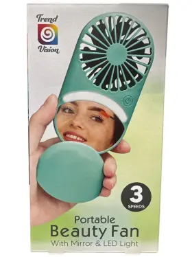 Trend Vision 841437150483 Portable Beauty Fan With Mirror And Led Light 3-speed Personal Cooling