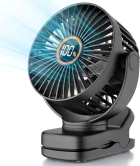 Tunise 445043371398 Mini Clip On Fan Battery Operated Desk Digital Display 3 Speeds Adjustable