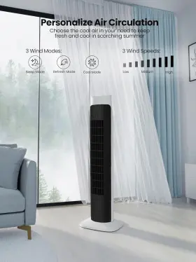 Jtf-803b Uthfy Tower Fan 80 Oscillating Remote 7.5h Timer 3 Speed Bladeless Black White