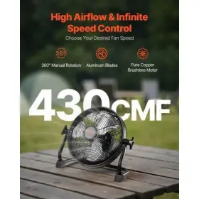 Vevor 197988678649 10 Inch Rechargeable Camping Fan Battery Operated 360 Manual Rotation