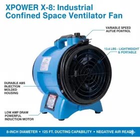 X-power 848025040089 Xpower X-8 8 Inch Industrial Confined Space Ventilator Fan Variable Speed 13.4 Lbs