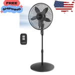 18" 4-SPEED 23 Ft/s High-velocity Remote Controlled Pedestal Fan, Black. Fixed Price $49.96.