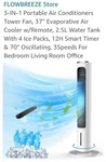 3-IN-1 Portable Air Conditioners Tower Fan, 37'' Evaporative Cooler W/rem.... Fixed Price $110.00.