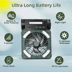 Solar Powered Cold Air Fan, Portable Rechargeable, Outdoor Floor With Light. Fixed Price $26.99.