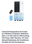Coolech Evaporative Air Cooler Conditioner Windowless Portable. Fixed Price $149.00.