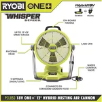 New Ryobi 18V Hybrid Whisper 12"IN Misting Air Cannon Fan (tool Only) PCL850B. Fixed Price $85.00.