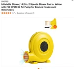 Svopes Inflatable Blower, 14.2 In. Speeds Fan Yellow With 750 W/950. Fixed Price $70.00.