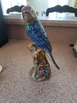 Art Deco Majolica Style Parrot Figurine Blue Macaw On Flowering Stump. Fixed Price $60.00.