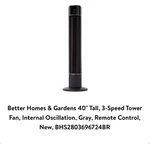 Better Homes & Gardens 3-SPEED Tower Fan With Remote Control. Fixed Price $67.89.