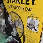 Stanley 20 In High Velocity Floor Fan, Wall Mountable, Remote, Black. Fixed Price $58.00.